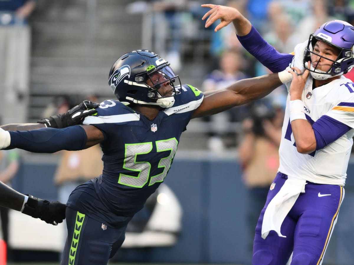 Seattle Seahawks linebacker Boye Mafe (53) walks off the field during an  NFL football game against the Las Vegas Raiders, Sunday, Nov. 27, 2022, in  Seattle, WA. The Raiders defeated the Seahawks