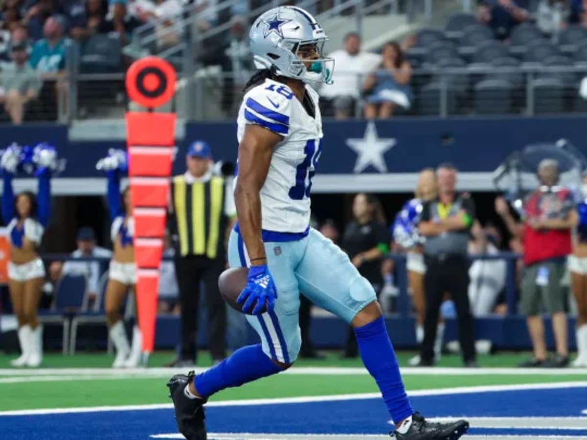 Dallas Cowboys wide receiver Jalen Tolbert (18) catches the ball against  Jacksonville Jaguars cornerback Montaric Brown (30) and play comes back  with a penalty during the first half of an NFL preseason