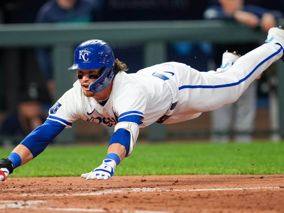 Kansas City, United States. 30th Mar, 2023. Kansas City Royals shortstop  Bobby Witt Jr. (7) avoids getting hit by a Minnesota Twins pitch during the  first inning on the Opening Day at
