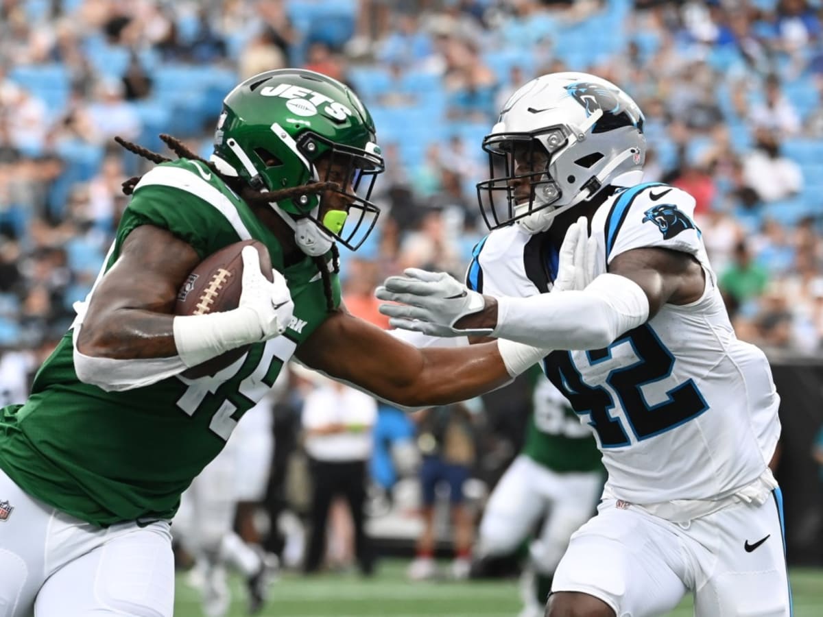 Carolina Panthers safety Sam Franklin Jr. (42) celebrates during the first  half of an NFL football game against the Atlanta Falcons, Sunday, Sep. 10,  2023, in Atlanta. The Atlanta Falcons won 24-10. (