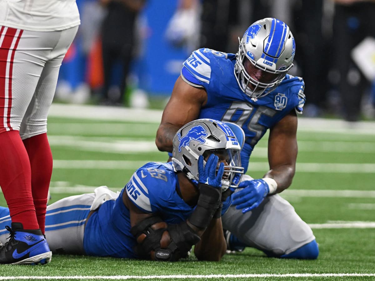 Detroit Lions linebacker Romeo Okwara (95) gets set on defense against the  Jasksonville Jaguars during an NFL pre-season football game, Saturday, Aug.  19, 2023, in Detroit. (AP Photo/Rick Osentoski Stock Photo - Alamy