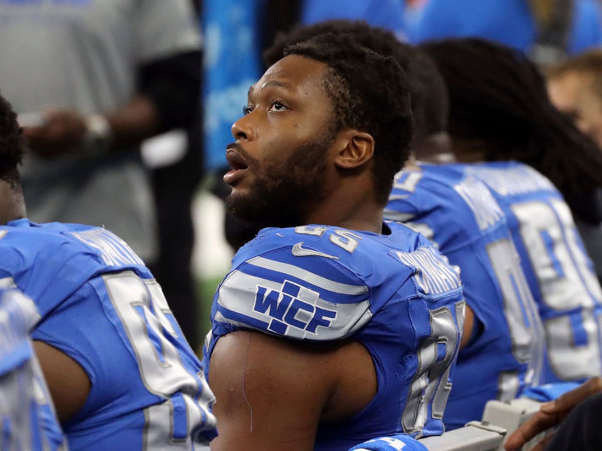 Detroit Lions linebacker Romeo Okwara (95) gets set on defense against the  Jasksonville Jaguars during an NFL pre-season football game, Saturday, Aug.  19, 2023, in Detroit. (AP Photo/Rick Osentoski Stock Photo - Alamy