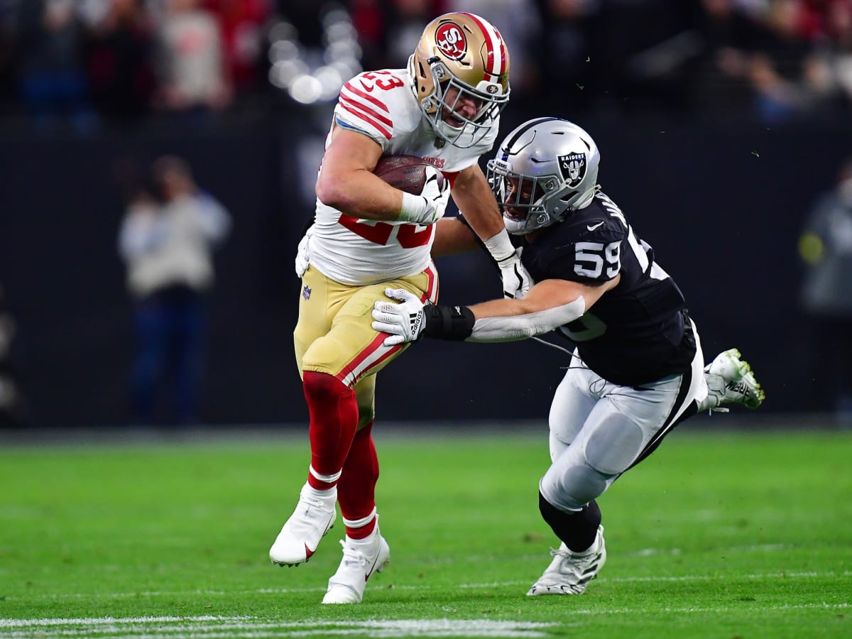 Las Vegas Raiders linebacker Luke Masterson (59) lines up against the  Indianapolis Colts during the first half of an NFL football game, Sunday, Nov  13, 2022, in Las Vegas. (AP Photo/Rick Scuteri