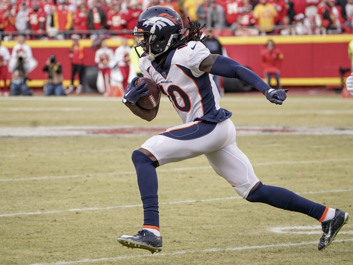 Denver Broncos wide receiver Jerry Jeudy stands on the sideline