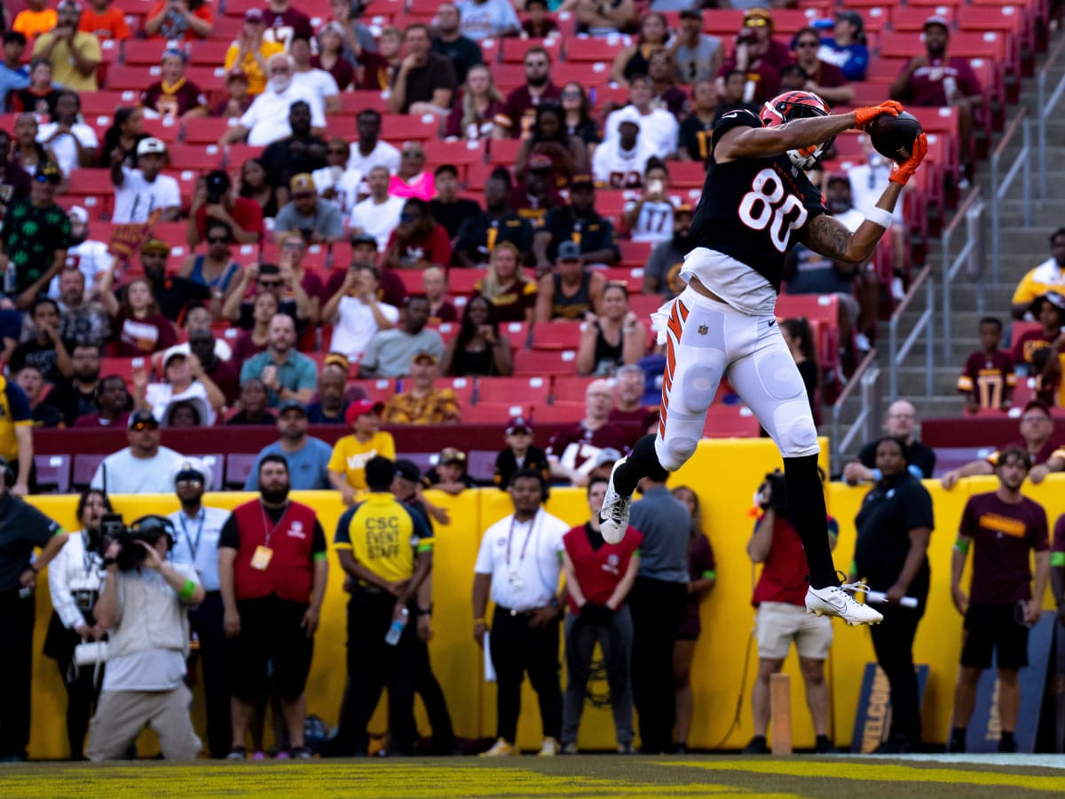 Cincinnati Bengals wide receiver Andrei Iosivas (80) getting ready for punt  coverage against the Washington Commanders during the second half of an NFL  preseason football game, Saturday, Aug. 26, 2023, in Landover