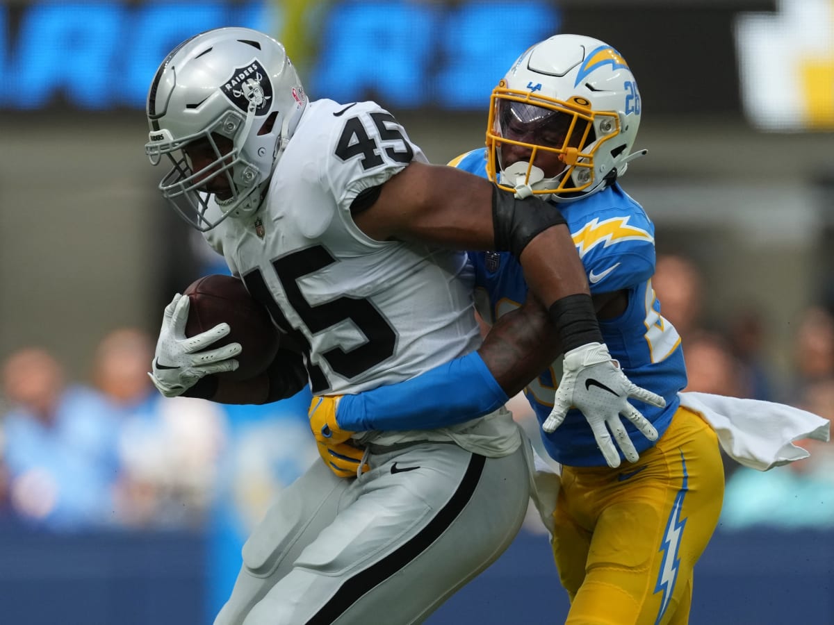 Las Vegas Raiders fullback Jakob Johnson (45) leaves the field against the  Indianapolis Colts during the