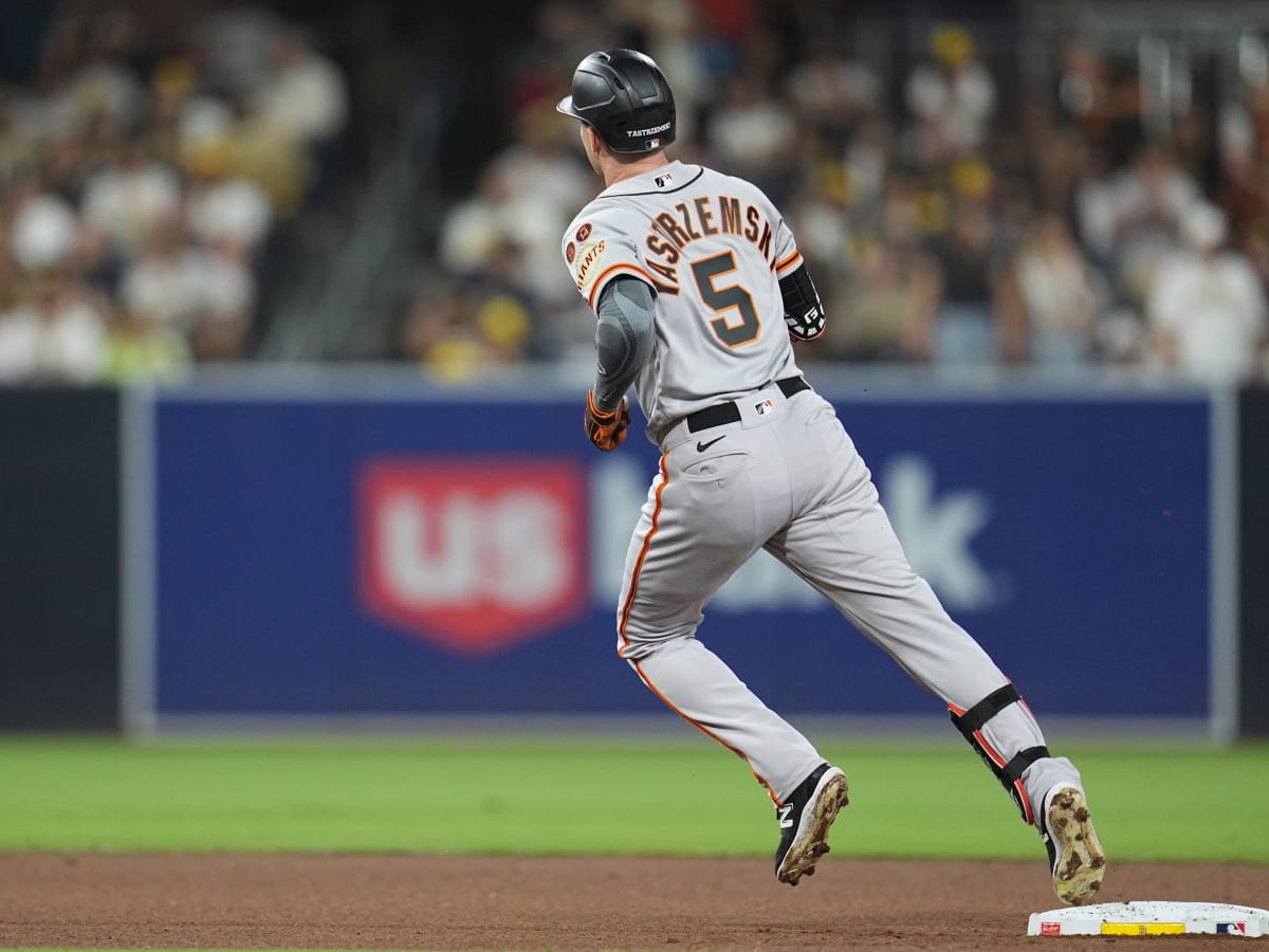 June 20 2021 San Francisco CA, U.S.A. The Giants right fielder Mike  Yastrzemski (5) runs down the first baseline during the MLB game between  the Philadelphia Phillies and San Francisco Giants, Giants