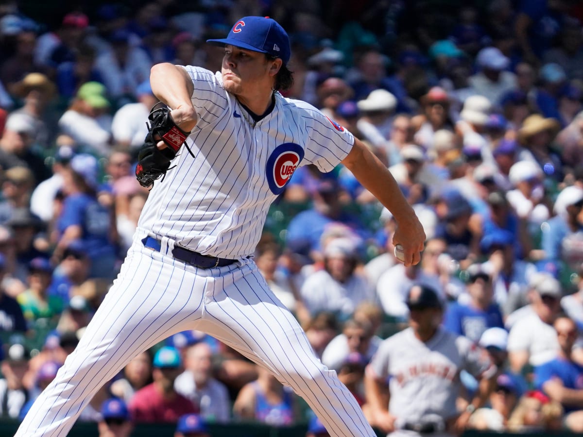 Chicago Cubs starting pitcher Justin Steele exhales as he heads
