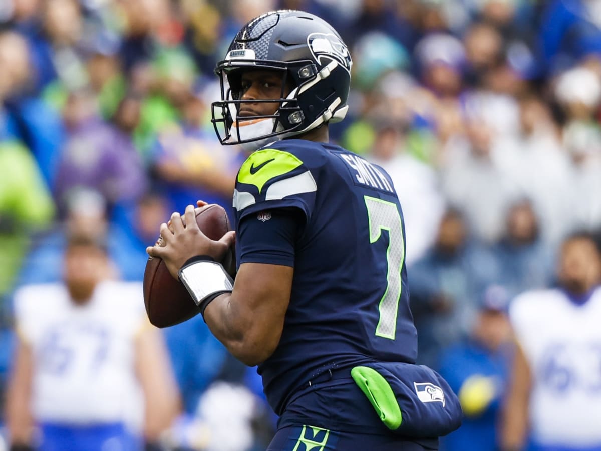 Seattle Seahawks quarterback Geno Smith (7) passes the ball during an NFL  football game against the Los Angeles Rams, Sunday, Sept. 10, 2023 in  Seattle. The Rams won 30-13. (AP Photo/Ben VanHouten