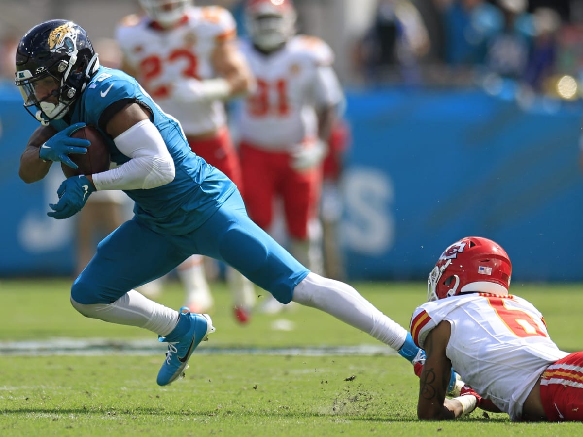 Kansas City Chiefs wide receiver Justin Watson (84) sets up for a play  during the second half of an NFL football game against the Jacksonville  Jaguars, Sunday, Sept. 17, 2023, in Jacksonville