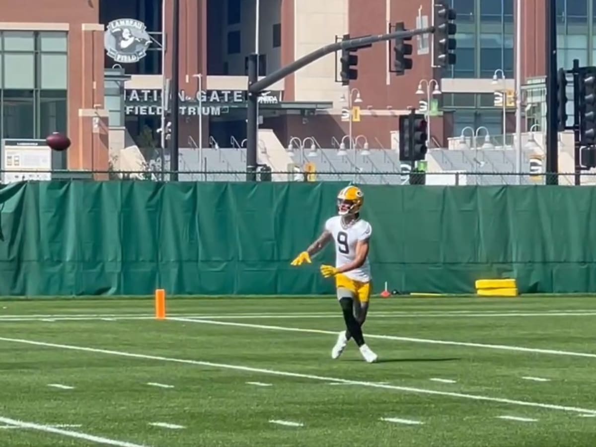 October 2, 2022: Green Bay Packers wide receiver Christian Watson (9)  warming up before the NFL football game between the New England Patriots  and the Green Bay Packers at Lambeau Field in