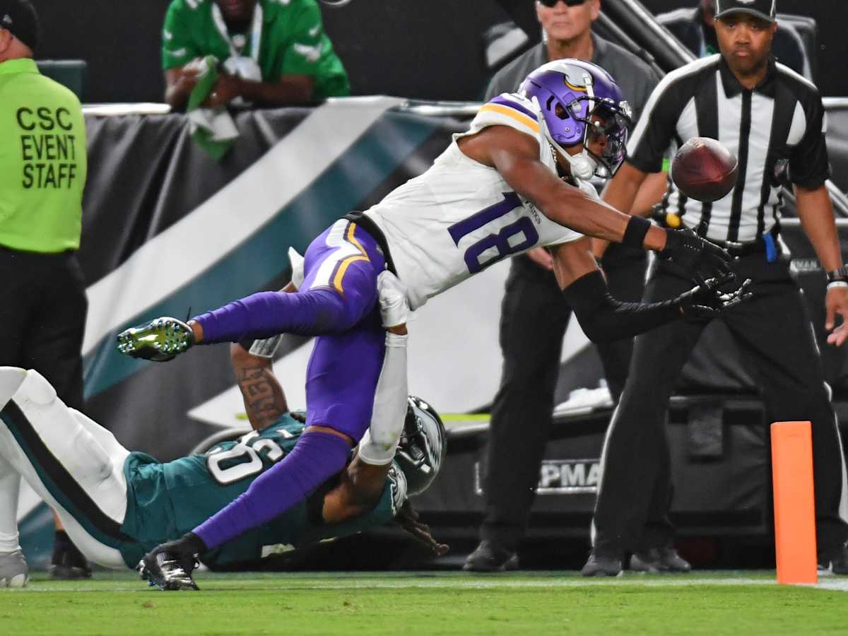 Minnesota Vikings wide receiver K.J. Osborn (17) runs up field during the  second half of an NFL football game against the Philadelphia Eagles,  Monday, Sept. 19, 2022, in Philadelphia. (AP Photo/Chris Szagola