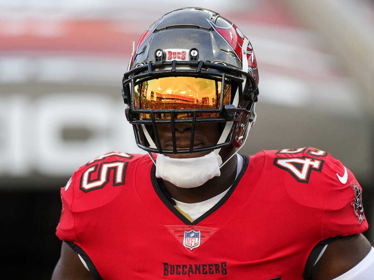 TAMPA, FL - JANUARY 16: Tampa Bay Buccaneers Linebacker Devin White (45)  celebrates a defensive stop during the NFL Wild Card game between the  Philadelphia Eagles and the Tampa Bay Buccaneers on