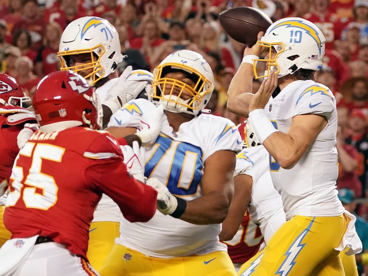 Los Angeles Chargers offensive tackle Rashawn Slater (70) gets set for a  play on the line of scrimmage during an NFL football game against the  Kansas City Chiefs Sunday, Sept. 26, 2021