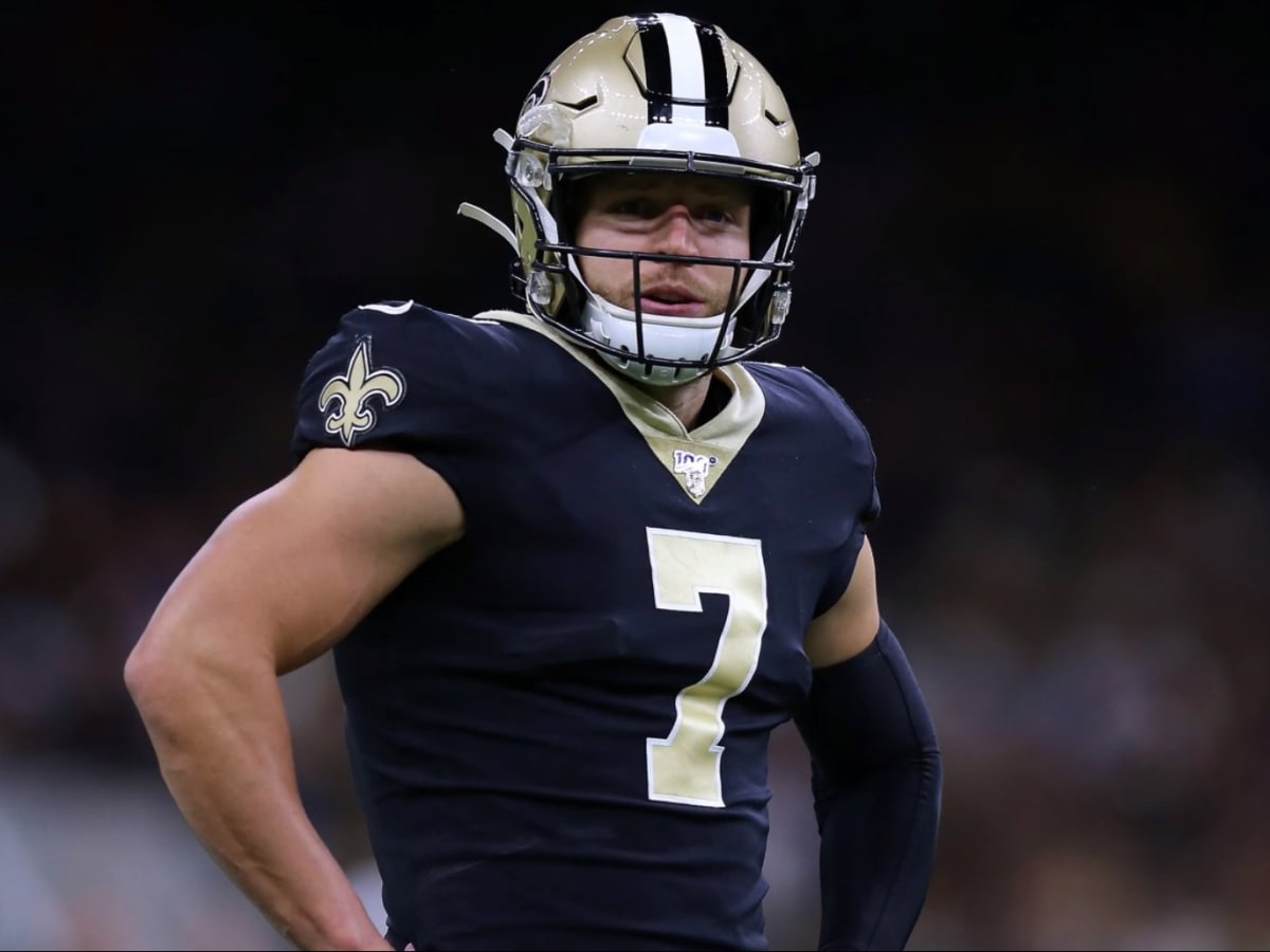 New Orleans Saints quarterback Taysom Hill (7) walks off the field  following an NFL football game against the New England Patriots, Sunday,  Sept. 26, 2021, in Foxborough, Mass. (AP Photo/Stew Milne Stock