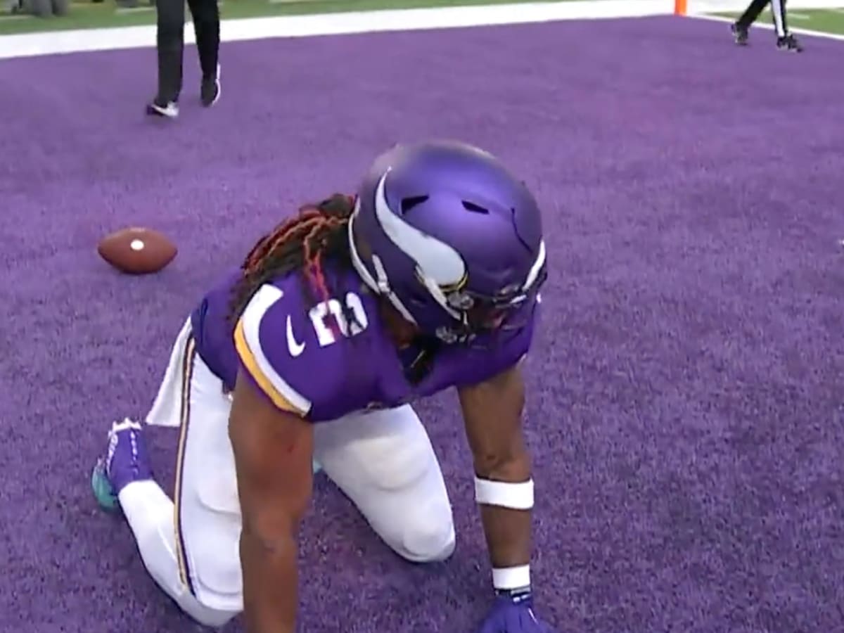 Minnesota Vikings running back Alexander Mattison (2) celebrates after  scoring a touchdown against the New York Jets during the first half of an  NFL football game Sunday, Dec. 4, 2022 in Minneapolis. (