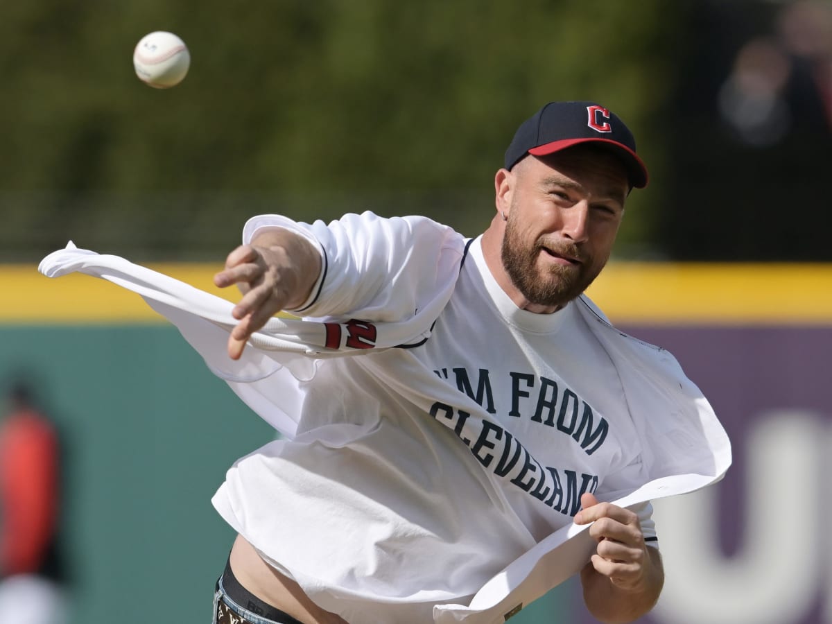 Super Bowl winner Travis Kelce throws a comical first pitch at Guardians  game, News