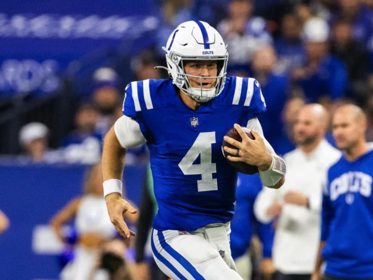 Indianapolis Colts quarterback Sam Ehlinger (4) plays against the New  England Patriots in the second half of an NFL football game, Sunday, Nov.  6, 2022, in Foxborough, Mass. (AP Photo/Michael Dwyer Stock