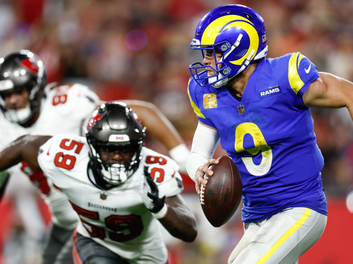 Los Angeles Rams quarterback Matthew Stafford (9) hugs head coach Sean McVay  after the NFL Supe …