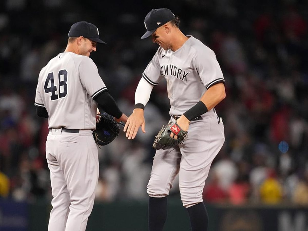 New York Yankees right fielder Aaron Judge (99) and first baseman Anthony  Rizzo (48) embraces during opening ceremonies before the Yankees opening  day baseball game against the Boston Red Sox, Friday, April