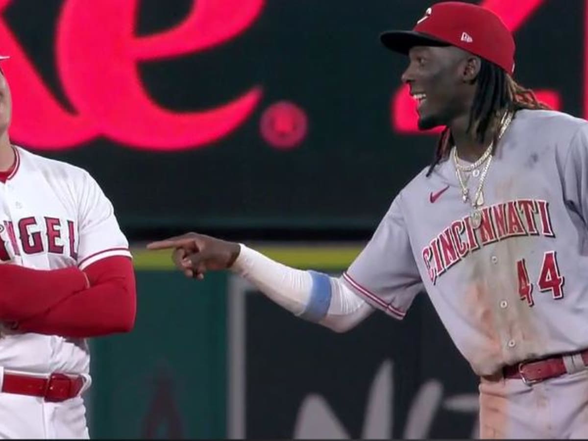 Shohei Ohtani of the Los Angeles Angels grabs his right forearm as