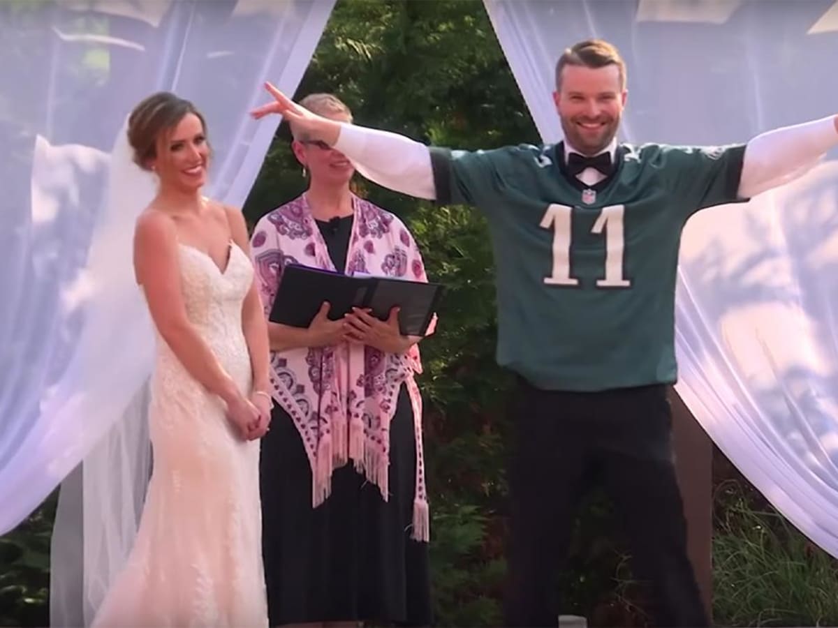 Groom wears Eagles jersey at wedding Husband wins Super Bowl bet