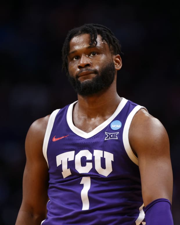 TCU Horned Frogs guard Mike Miles Jr. (1) reacts after the loss against the Gonzaga Bulldogs at Ball Arena