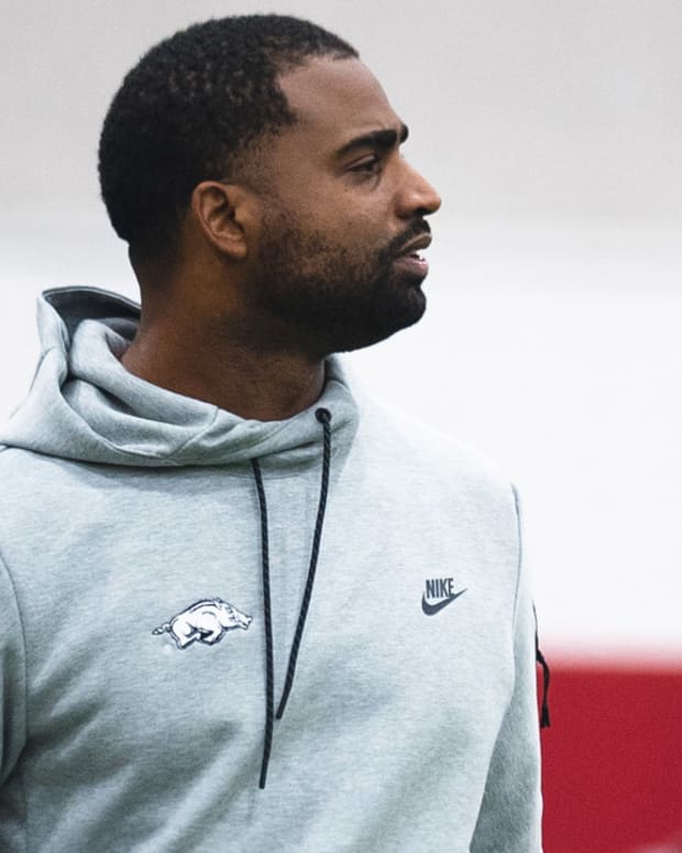 Razorbacks secondary coach Deron Wilson at the indoor practice facility