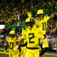 Oregon Ducks wide receiver Dont'e Thornton (2) and Troy Franklin (11) celebrate a touchdown against&nbsp;the Washington Huskies.