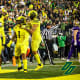 Oregon Ducks linebacker Noah Sewell and safety Bennett Williams celebrate an interception&nbsp;against the Washington Huskies.