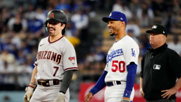 Dodgers Star Mookie Betts All Smiles as He Chats it Up with Corbin Carroll at World Series