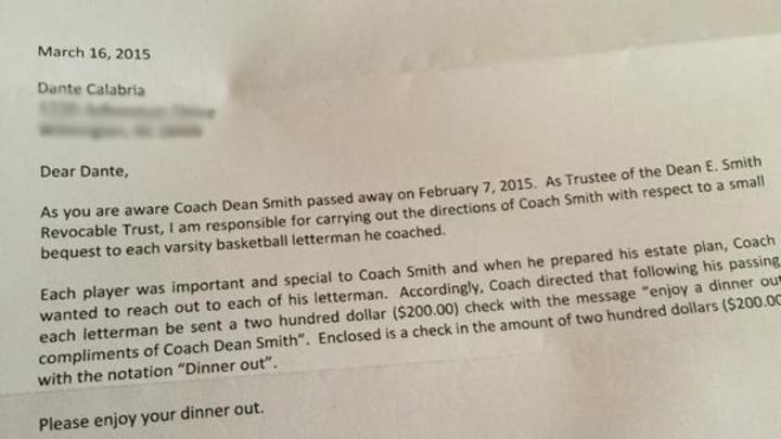 Dean Smith requested $200 be sent to each of his former players in will