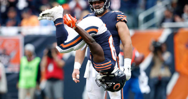 Chicago Bears defensive tackle Bilal Nichols (98) is seen in the team  huddle during pregame war …