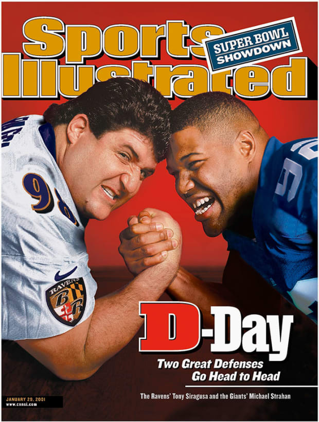 New York Giants Michael Strahan And New England Patriots Qb Sports  Illustrated Cover by Sports Illustrated