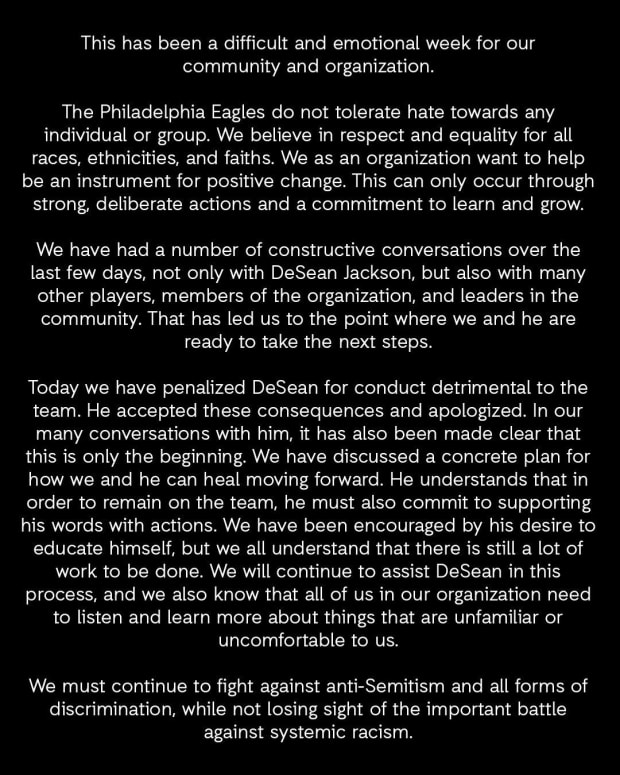 Philadelphia Eagles WR DeSean Jackson takes his apology a step further