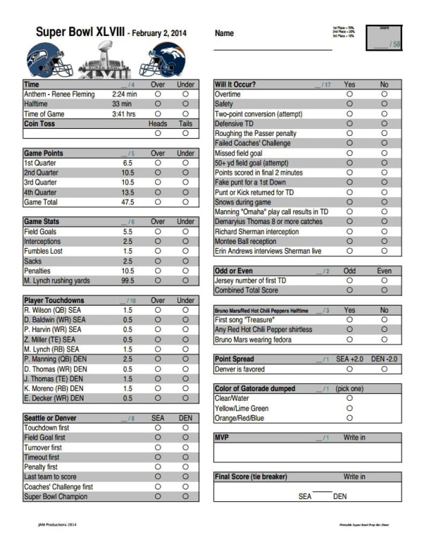 Super Bowl 56 Party Props Sheet