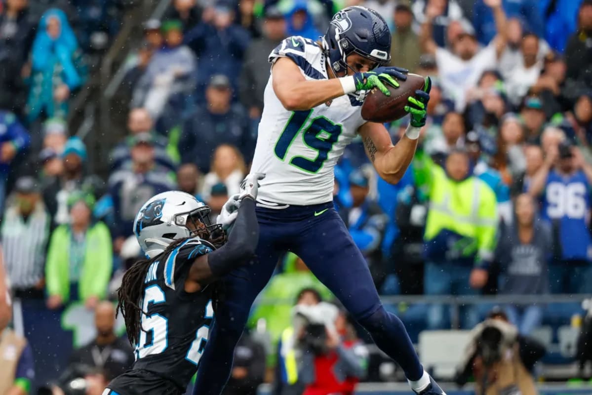 Jake Bobo of the Seattle Seahawks scores a touchdown during the News  Photo - Getty Images