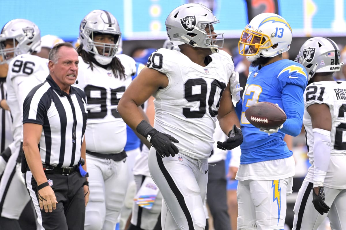 Tackle (70) Rashawn Slater of the Los Angeles Chargers blocks against the  Las Vegas Raiders in