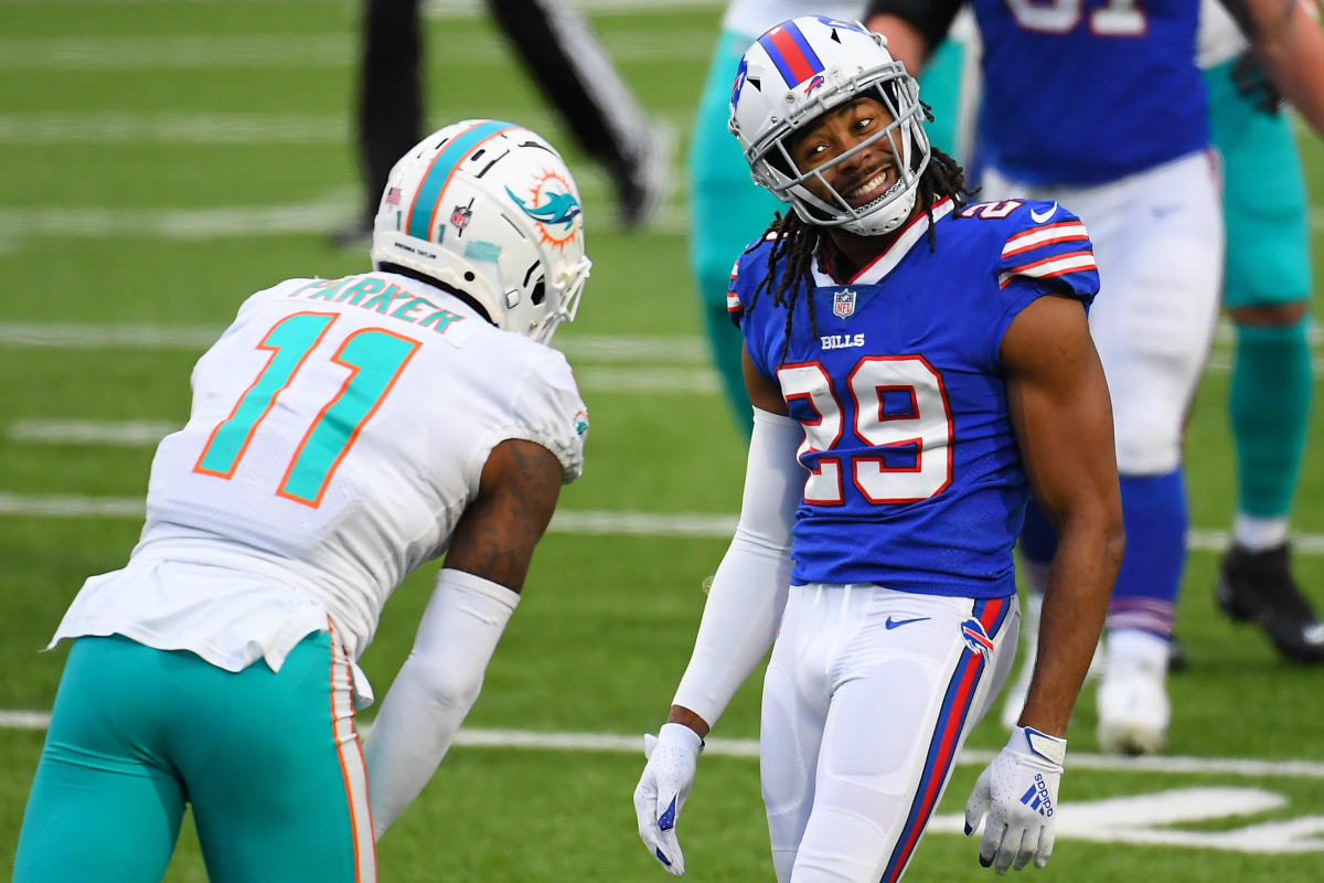 Buffalo Bills cornerback Taron Johnson (7) reacts during the