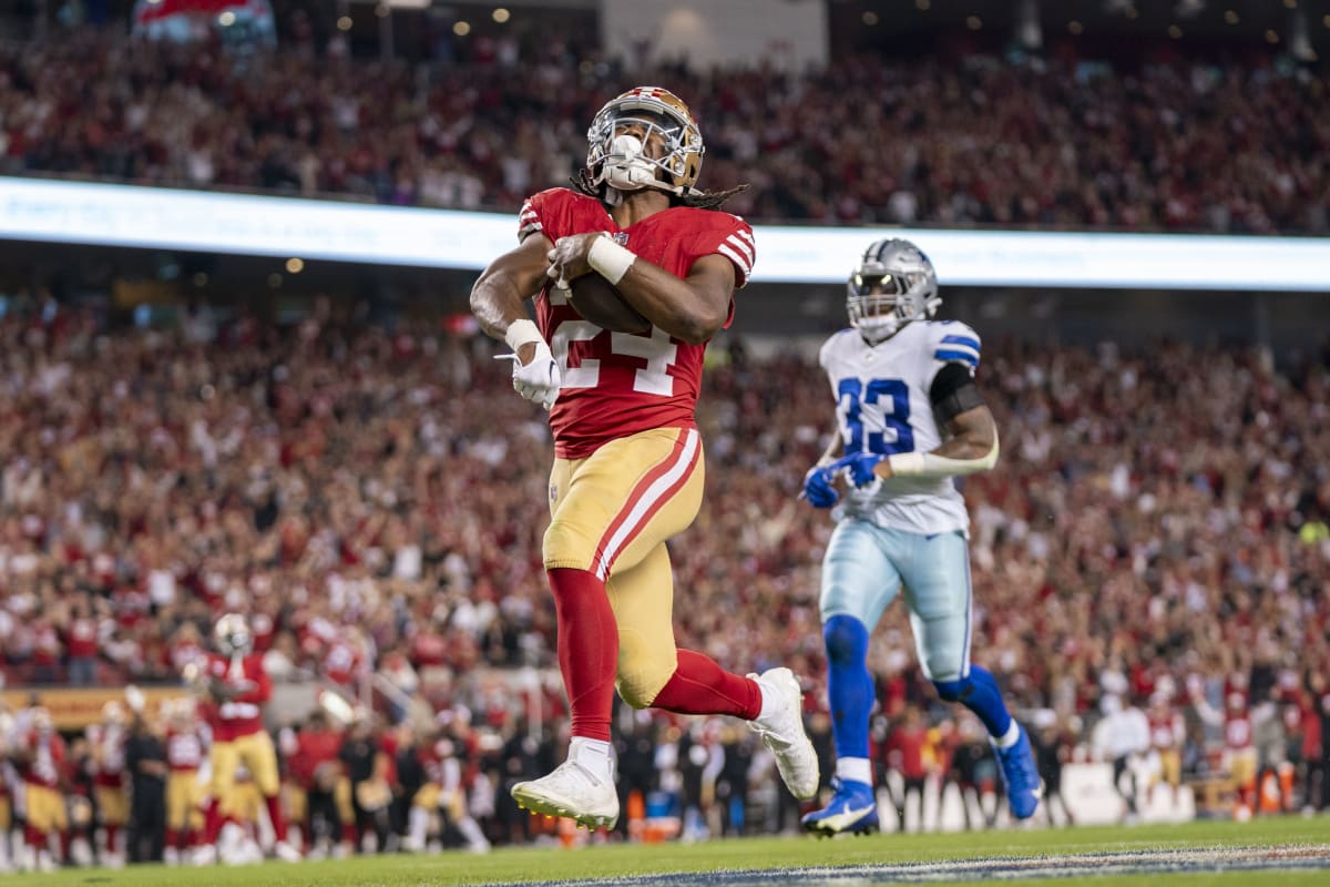 San Francisco 49ers' Jordan Mason takes part in an NFL football