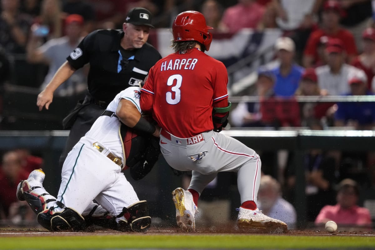 Bryce Harper Has Scary Collision With D-Backs' Gabriel Moreno on Steal of  Home