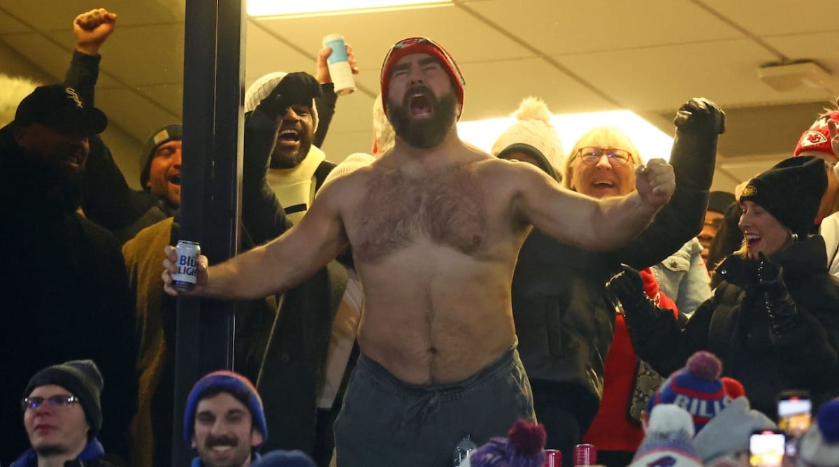 A Bare-Chested Jason Kelce Had Wildest Celebration After Travis Kelce's TD in Chiefs—Bills Game