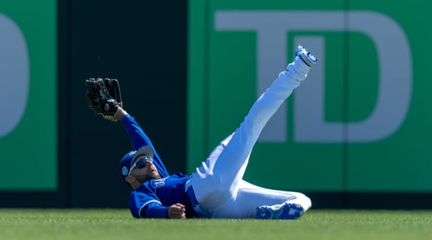 Kevin Kiermaier of the Toronto Blue Jays makes a jumping catch