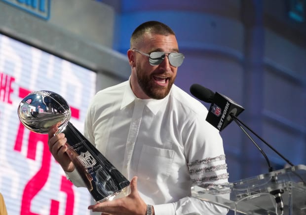 WATCH: Patrick Mahomes, Travis Kelce get 2023 NFL draft started with  Lombardi Trophy