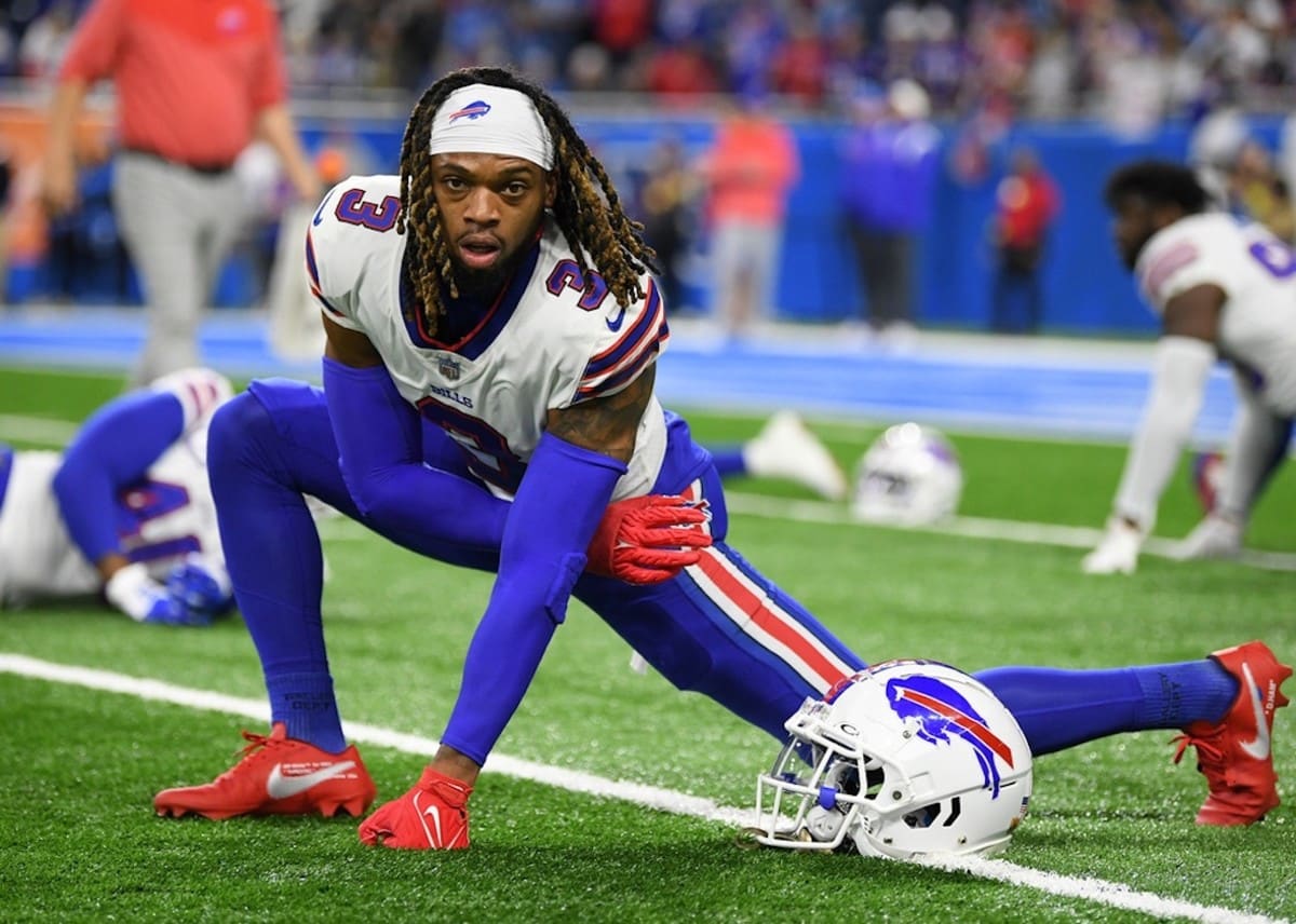 These are shoes worn by Buffalo Bills safety Damar Hamlin during warm ups  before an NFL preseason football game against the Pittsburgh Steelers in  Pittsburgh, Sunday, Aug. 20, 2023. (AP Photo/Gene J.