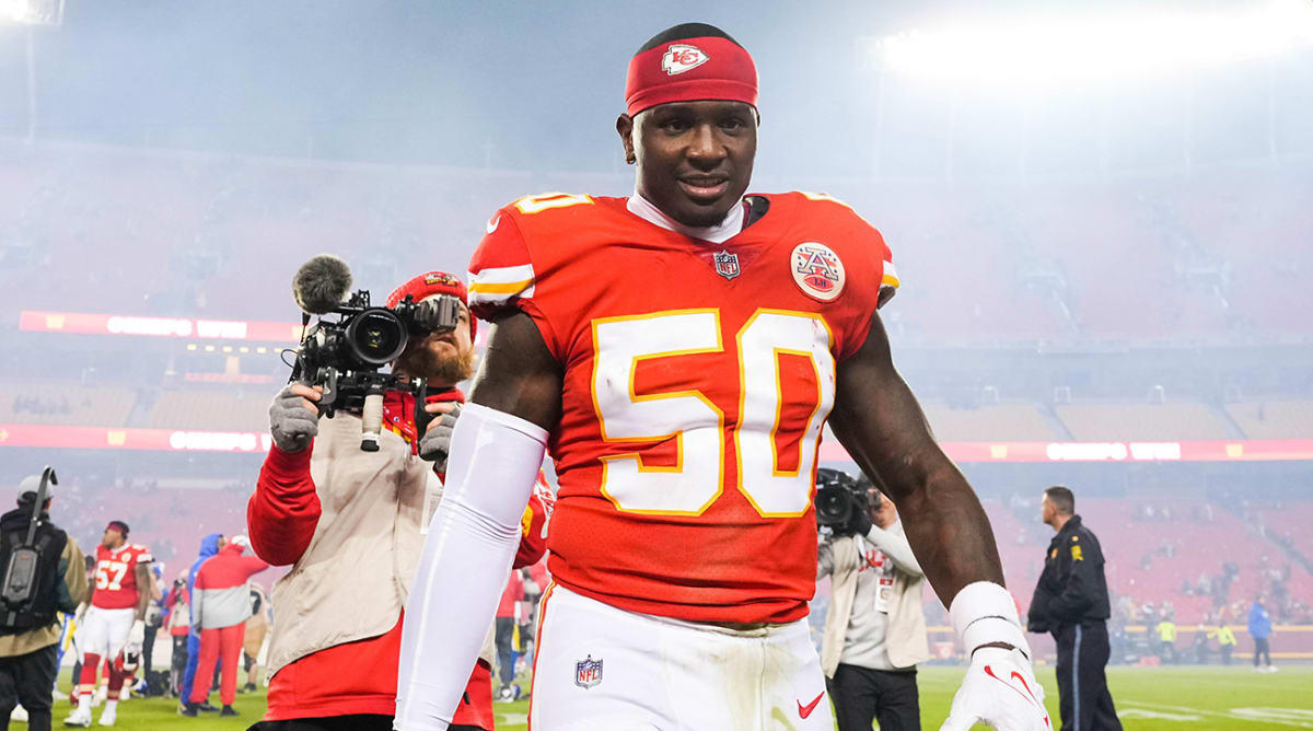 Kansas City Chiefs linebacker Willie Gay (50) looks on from the