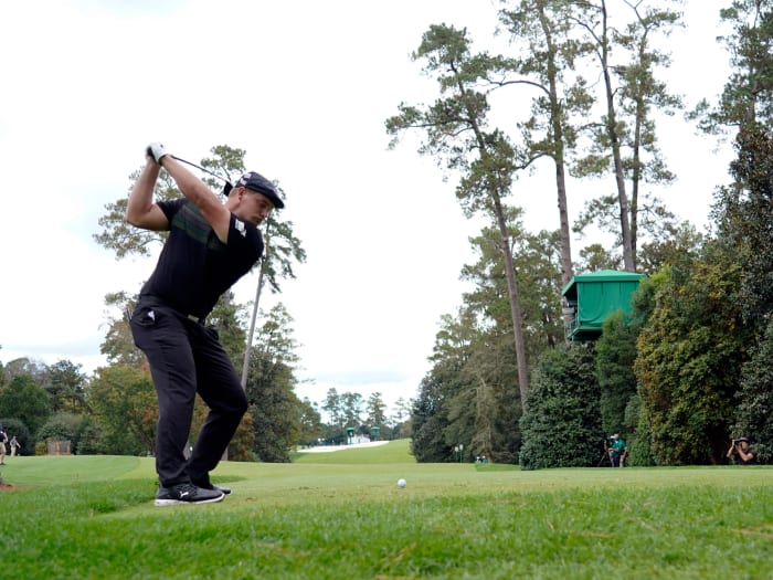 November 12, 2020;  Augusta, Georgia, United States;  Bryson DeChambeau plays his shot from the 18th tee during the first round of The Masters golf tournament at the Augusta National GC.