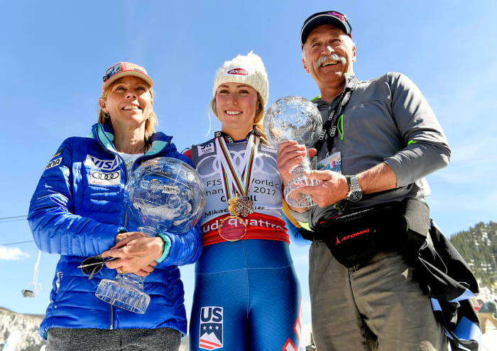 Mother and coach, Eileen (left), and her father, Jeff, who died Feb. 2, were never far from Mikaela’s side as she collected 66 wins. Photograph by Helen H. Richardson/The Denver Post/Getty Images