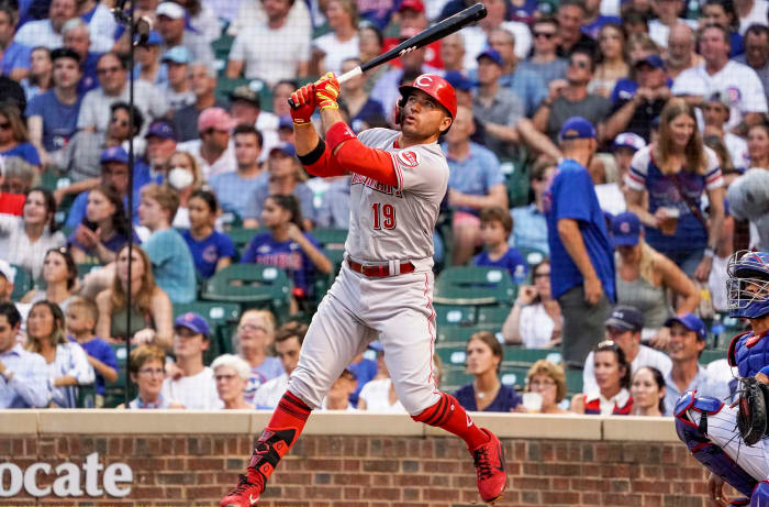 Votto is standing up straight instead of getting into his signature crouch