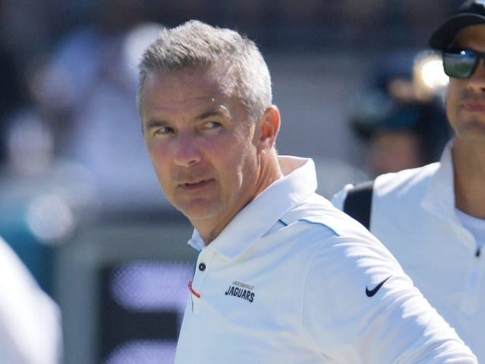 Jacksonville Jaguars head coach Urban Meyer looks aside during the fourth quarter.  Jacksonville Jaguars hosted Arizona Cardinals at TIAA Bank Field